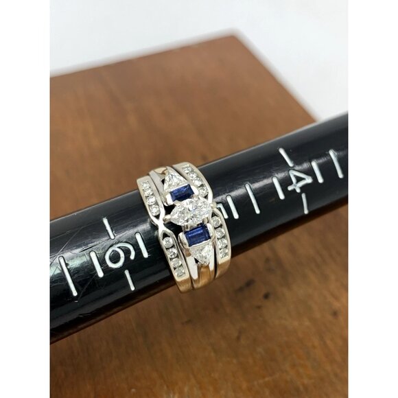 Wedding Set Diamond Blue Sapphire 14K White Gold Engagement Ring Band Size 5.25 - Picture 9 of 12